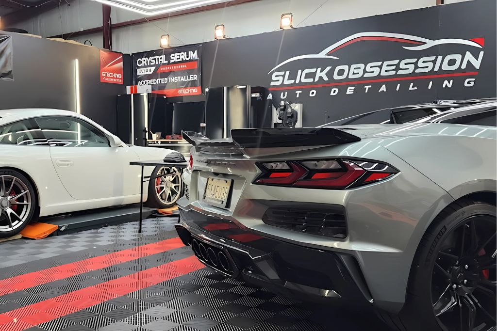 A silver sports car and a white coupe are parked inside the Slick Obsession Auto Detailing shop, with branding for Gtechniq Crystal Serum Ultra visible on the wall, indicating professional ceramic coating services.