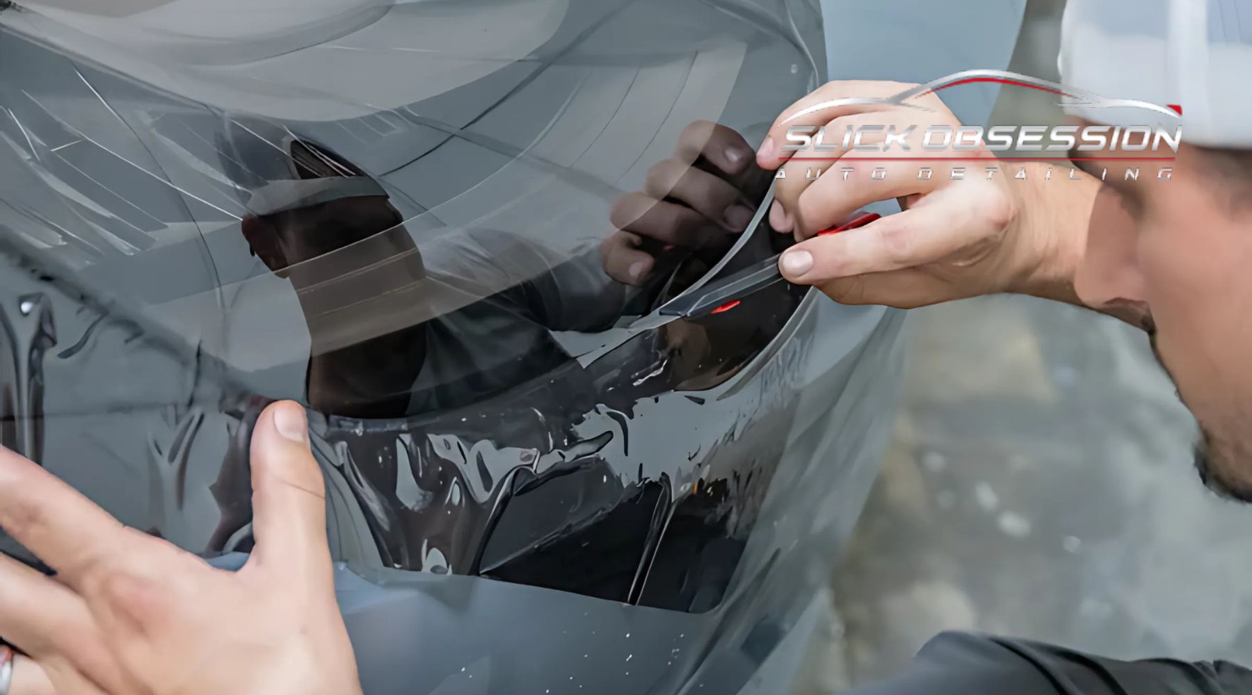 A professional installer applying a clear paint protection film (PPF) to a car's headlight using a precision cutting tool. The installer carefully smooths out the film to ensure a flawless finish, preventing scratches and damage. The image includes the "Slick Obsession Auto Detailing" logo, indicating the brand offering the service.