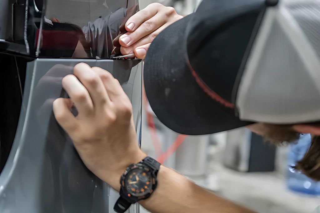 A professional installer wearing a cap and wristwatch carefully applies paint protection film (PPF) to the edge of a vehicle's taillight. The technician uses precision techniques to ensure a seamless fit, focusing on the fine details for a high-quality finish.