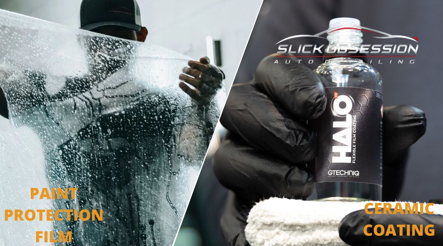 A side-by-side comparison of Paint Protection Film (PPF) and ceramic coating. On the left, a technician wearing a cap applies a transparent, water-covered PPF sheet to a surface. On the right, a gloved hand holds a small bottle of Gtechniq HALO ceramic coating with a microfiber cloth beneath it. Bold text labels each method, highlighting their role in vehicle paint protection.