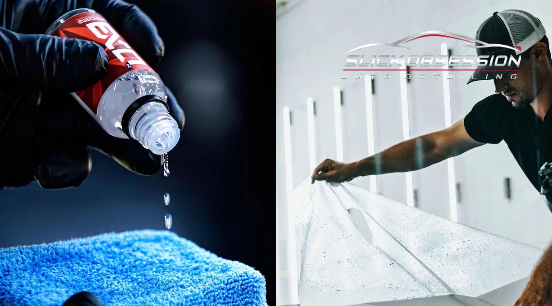 A split-image comparison of two car protection methods. On the left, a gloved hand drips ceramic coating onto a microfiber towel, emphasizing the liquid application process. On the right, a detailer in a cap and black shirt applies paint protection film (PPF) to a car's surface in a well-lit workshop, with the "Slick Obsession Auto Detailing" logo overlayed.