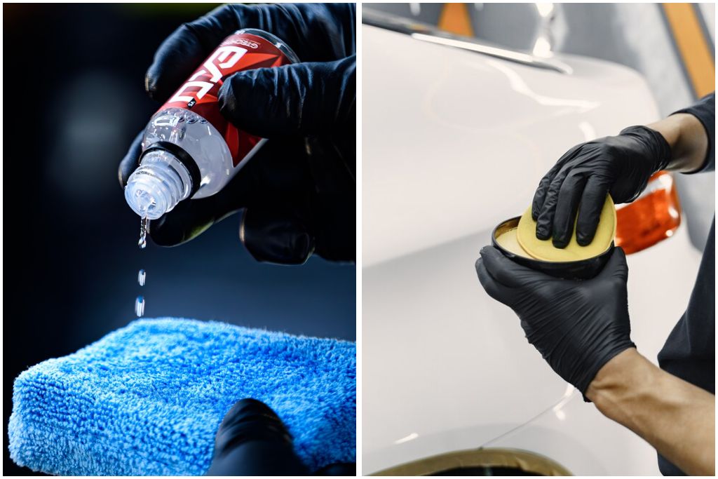 Side-by-side images showing gloved hands applying different paint protection methods: on the left, ceramic coating drops onto a blue microfiber cloth; on the right, wax is applied with a yellow foam applicator to a white car.