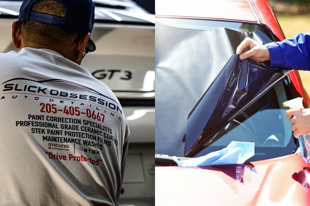 Side-by-side image showing a Slick Obsession Auto Detailing technician wearing a branded shirt and a separate scene of a person applying a dark window tint film to a car window, emphasizing the difference between professional and DIY tint installations.
