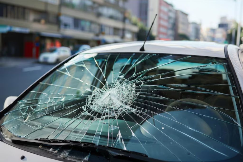 A white car with a severely cracked windshield parked on a city street, highlighting the importance of window tint films in helping hold shattered glass together for added safety.