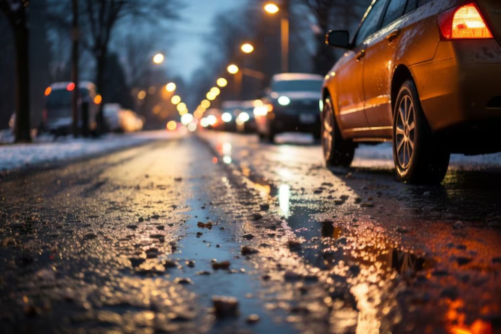 A line of vehicles travels down a wet, slushy road at dusk in Birmingham, Alabama, with snow on the ground and streetlights reflecting off the slick surface. The scene highlights road debris and winter conditions that can damage a car's paint.