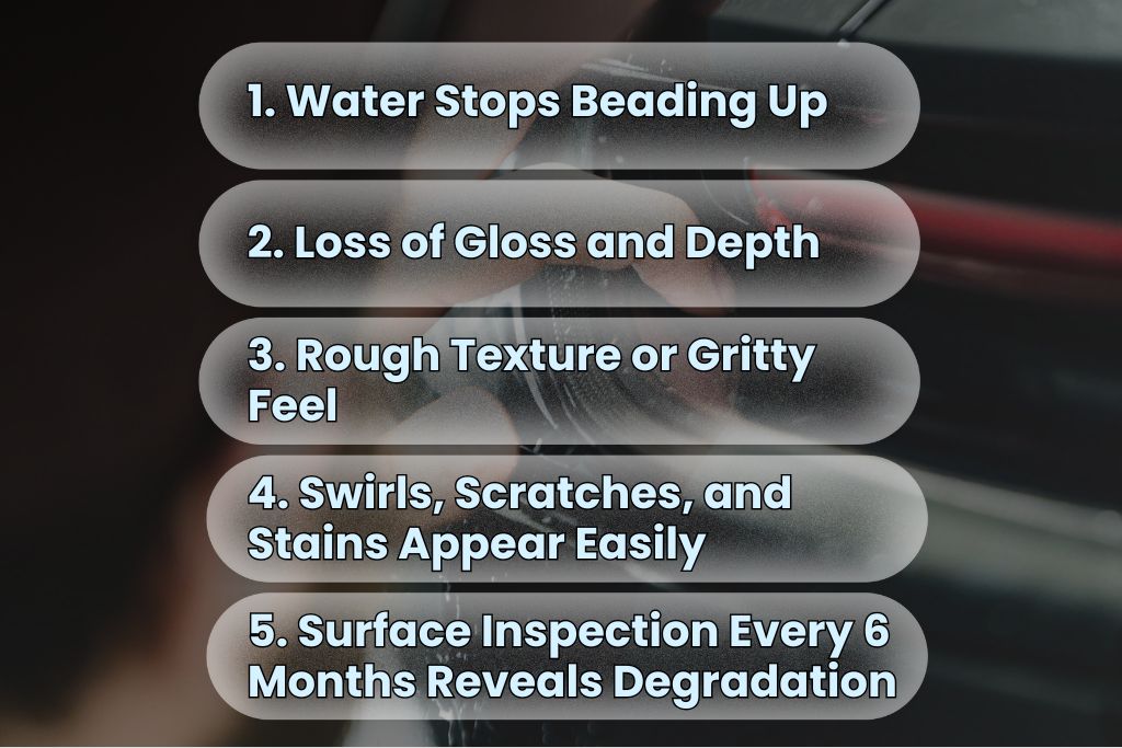 Graphic listing five signs it’s time to reapply your ceramic coating, over a blurred background of a gloved hand applying coating. The signs read: 1. Water Stops Beading Up, 2. Loss of Gloss and Depth, 3. Rough Texture or Gritty Feel, 4. Swirls, Scratches, and Stains Appear Easily, 5. Surface Inspection Every 6 Months Reveals Degradation.