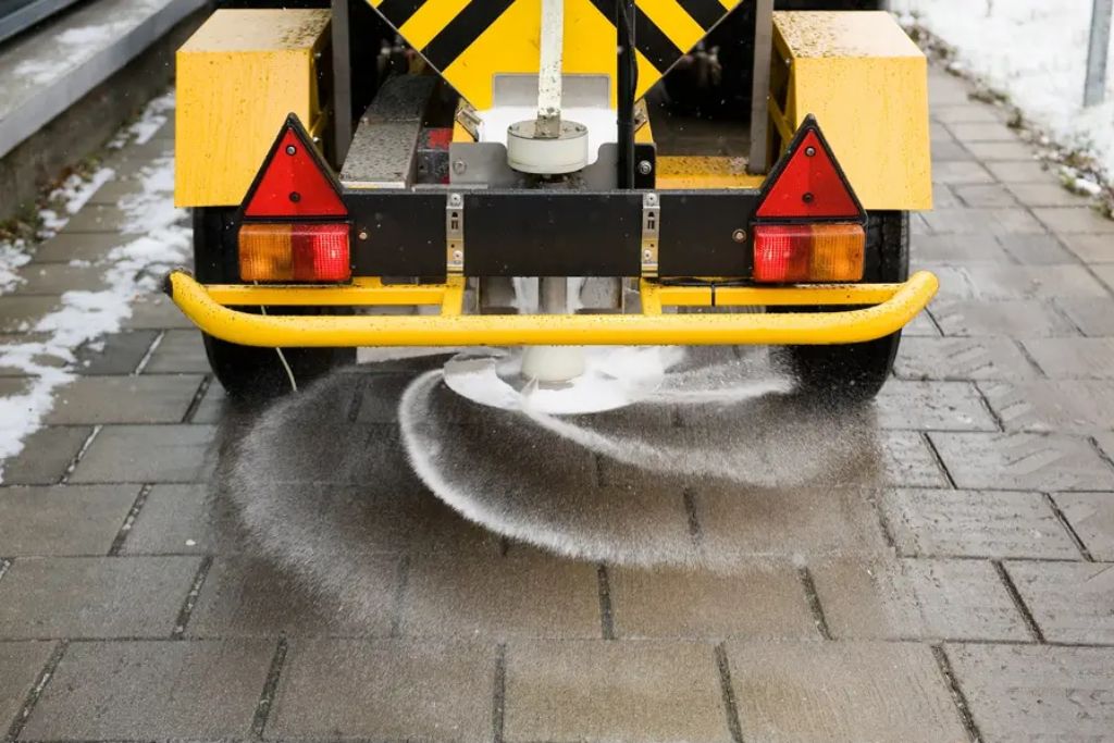A yellow road treatment vehicle disperses de-icing salt in a circular spray pattern over a paved surface, with traces of snow along the edges—illustrating winter road conditions that can damage ceramic coatings.