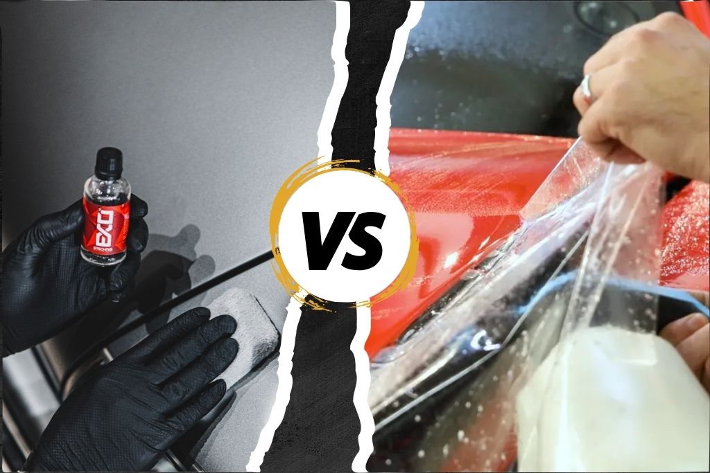 Side-by-side comparison showing ceramic coating being applied carefully to a car's surface and paint protection film (PPF) being installed on a red vehicle, visually illustrating Ceramic Coating vs. Paint Protection Film.