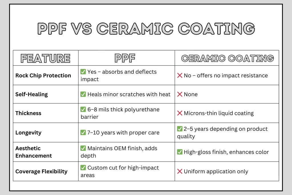 Comparison chart titled "PPF vs Ceramic Coating" showing features side by side. PPF is rated superior for rock chip protection, self-healing, thickness, longevity, and coverage flexibility. Ceramic coating excels in aesthetic enhancement but lacks impact resistance and self-healing.