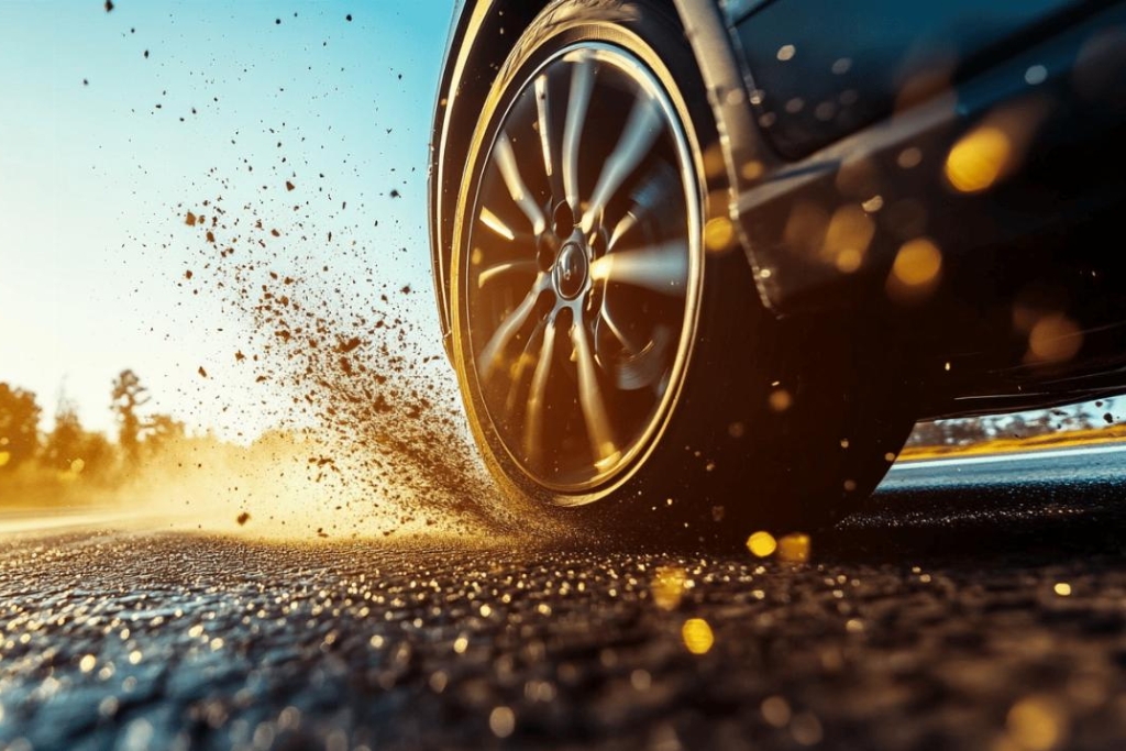 Close-up of a car tire spinning on an asphalt road, flinging sharp gravel and debris into the air at high speed. The golden sunlight and motion blur emphasize the force and potential damage to nearby car paint.