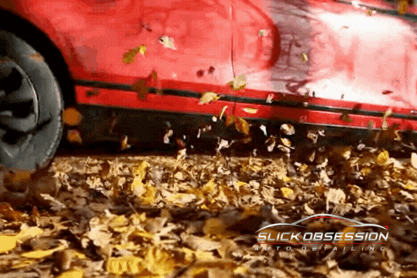 A red sports car drives through a blanket of dry autumn leaves, kicking up debris near the lower panel. The image highlights typical fall road hazards in Birmingham, such as leaf buildup and small debris that can threaten paint protection film.
