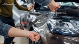 Close-up of a paint protection film being applied to the front fender and headlight of a dark-colored vehicle at an auto detailing shop.