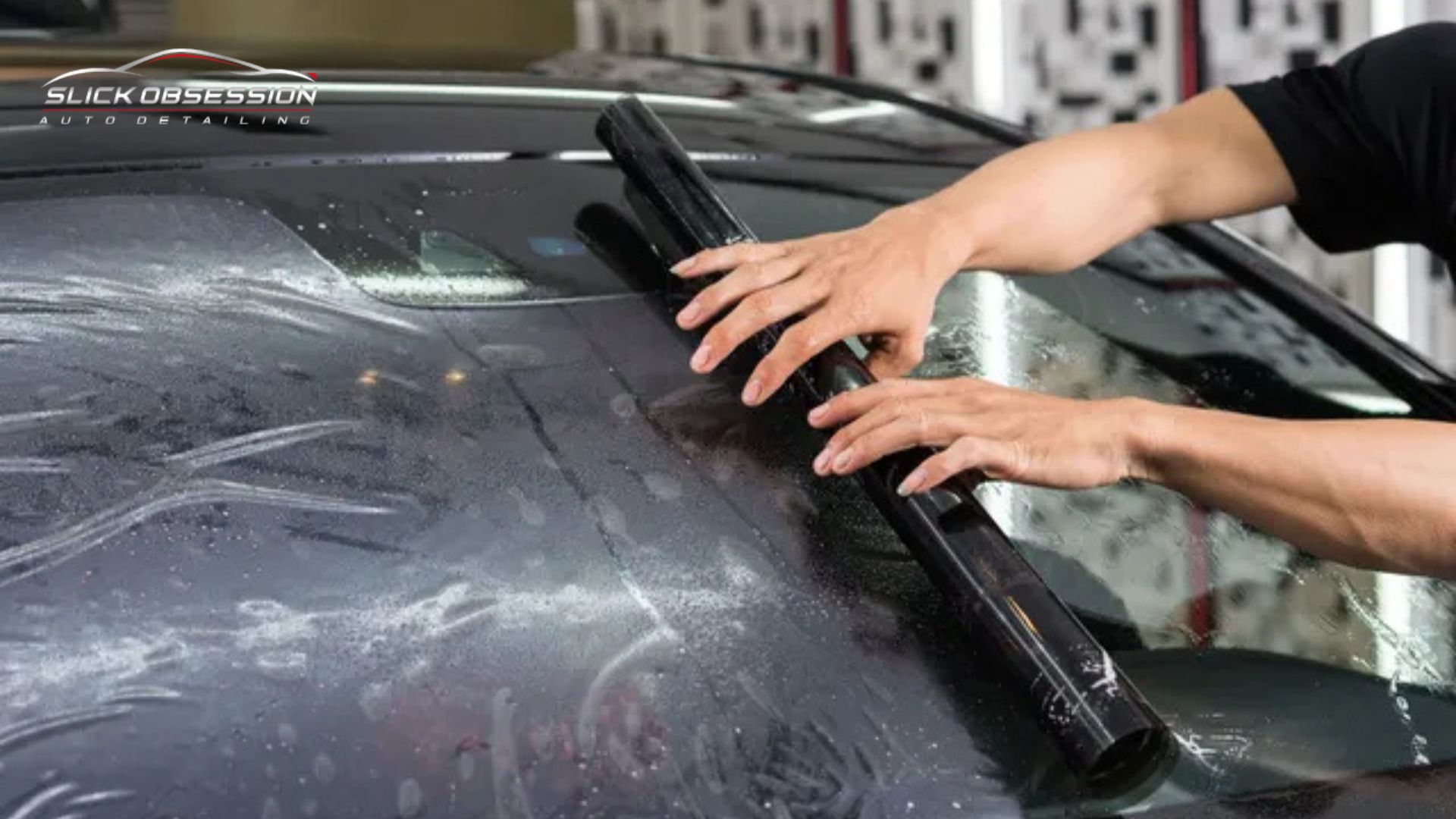 Alt text. Technician applying Ceramic Window Tint film to a car windshield using a squeegee to smooth out water and air bubbles during installation inside an auto detailing shop.